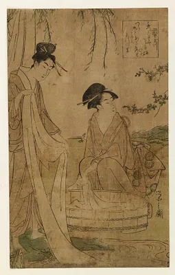 Two women laundering silk in a round tub