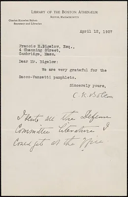 C. K. Bolton (Library of the Boston Athenaeum) autograph note signed to Francis H. Bigelow, Boston, Mass., April 19, 1927