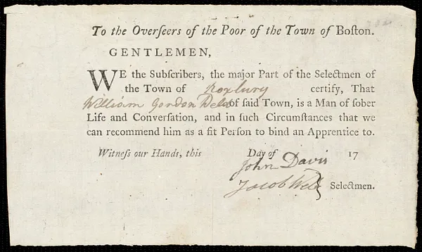 Catharine Foalke indentured to apprentice with William G. Weld of Roxbury, 11 May 1801