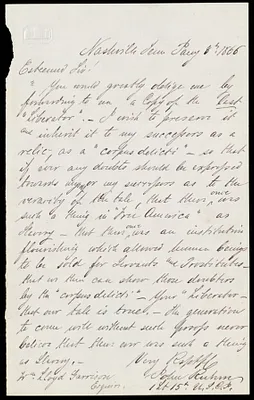 Letter from John Ruhm, Nashville, Tenn, to William Lloyd Garrison, Jan'y 8th, 1866