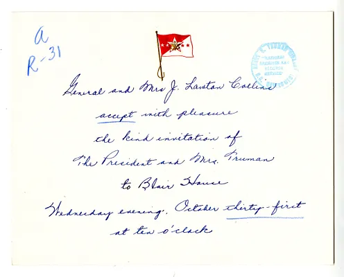 Invitation Reply from General and Mrs. J. Lawton Collins to the White House Social Office
