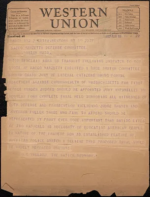 Osward Garrison Villard (The Nation) telegram to Sacco-Vanzetti Defense Committee, New York, N.Y., August 10, 1927