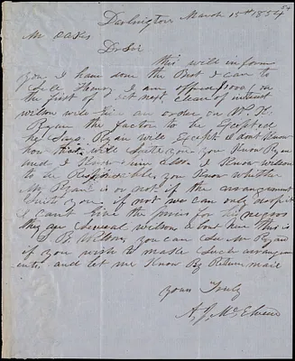 A. J. McElveen, Darlington, S.C., autograph letter signed to Ziba B. Oakes, 15 March 1854