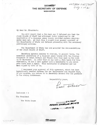 Memorandum from President Harry S. Truman to Secretary of Defense Louis Johnson