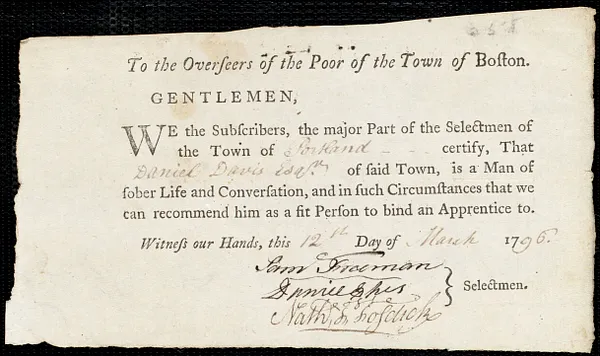 Sarah Lewis indentured to apprentice with Daniel Davis of Portland, 24 June 1796