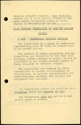 “Fair Housing Federation of Greater Boston Offers a Non-Commercial Housing Service” brochure