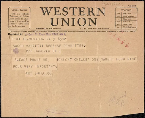 Art Shields telegram to Sacco-Vanzetti Defense Committee, New York, N.Y., April 5, [1927?]