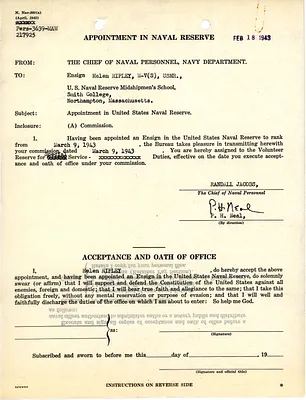 Appointment in Naval Reserve, Helen Ripley, Abbot Academy, class of 1930