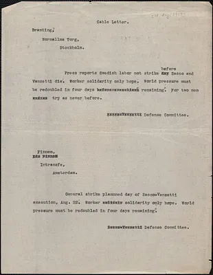 Sacco-Vanzetti Defense Committee telegram (copy) to Georg Branting, Boston, Mass., August 18, 1927
