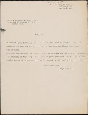 Angelo Crisafi typed letter to Sacco-Vanzetti Defense Committee, New Haven, Conn., [May? 1927]