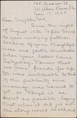 Mary [Donovan Hapgood] autograph letter signed to Creighton [J.] Hill, Wilkes-Barre, Pa., January 17, 1928