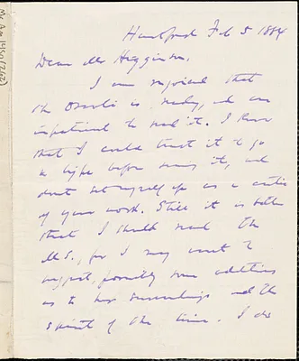 Charles Dudley Warner autograph letter signed to Thomas Wentworth Higginson, Hartford, Conn., 5 February 1884