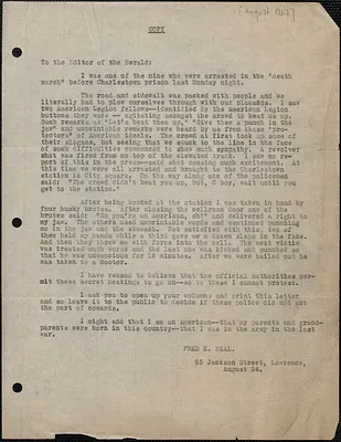 Fred E. Beal (Lawrence Sacco-Vanzetti Defense Committee) typed letter to Editor, [The Boston Herald], Lawrence, Mass., [August 24, 1927]