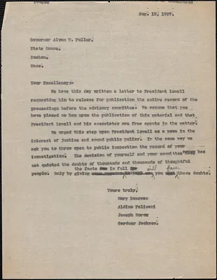 Mary Donovan, Aldino Felicani, Joseph Moro and Gardner Jackson typed letter (copy) to Alvan T. Fuller, Boston, Mass., August 15, 1927