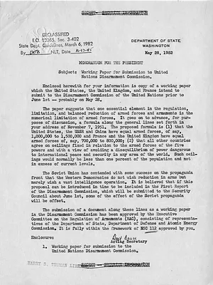 Memorandum from Acting Secretary of State David Bruce to President Harry S. Truman with Attachment