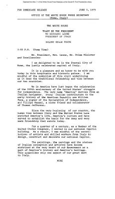 Toast by the President to Giovanni Leone, President of Italy, Salone Delle Feste [Ford Speech or Statement]