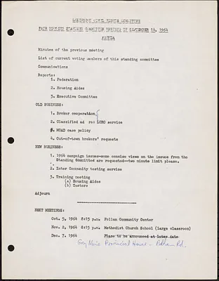 Agenda for September 1964 LCRC Fair Housing Standing Committee Meeting