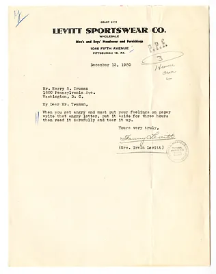 Letter from Fanny Levitt to President Harry S. Truman