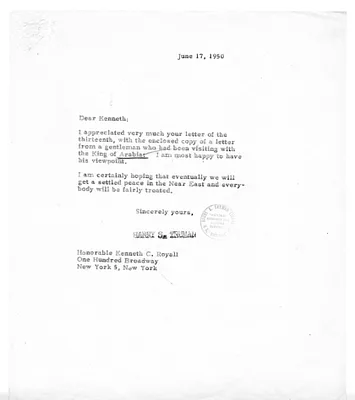 Correspondence Between Kenneth Royall and President Harry S. Truman, with Attachment