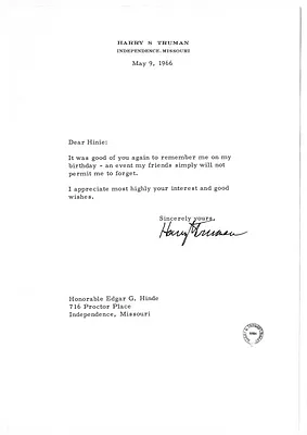 Letter from Harry S. Truman to Edgar Hinde