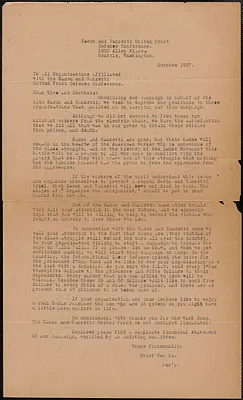 Evert Van Ee (Sacco-Vanzetti United Front Defense Conference) typed letter (circular), Seattle, Wash., October 1927