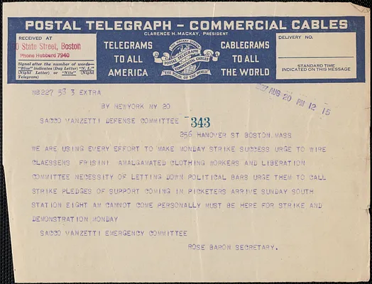 Rose Baron (Sacco-Vanzetti Emergency Committee) telegram to Sacco-Vanzetti Defense Committee, New York, N.Y., August 20, 1927