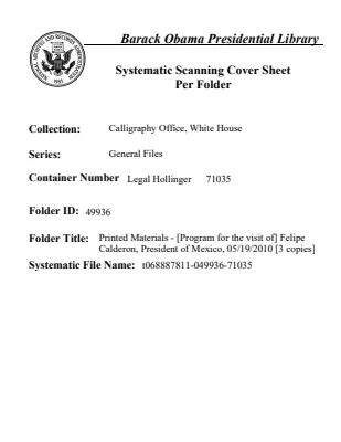 Printed Materials - [Program for the visit of] Felipe Calderon, President of Mexico, 05/19/2010