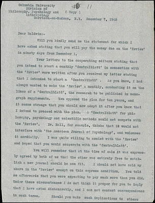 Cattell, James McKeen, 1860-1944 typed letter (copy) to J. Mark Baldwin, Garrison-on-Hudson, 7 December 1903