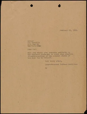 Sacco-Vanzetti Defense Committee typed letter (copy) to Editor, Il Martello, Boston, Mass., February 22, 1924