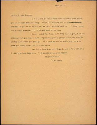 Bartolomeo Vanzetti typed note (copy) to Mary Donovan, [Charlestown], 27 February 1927