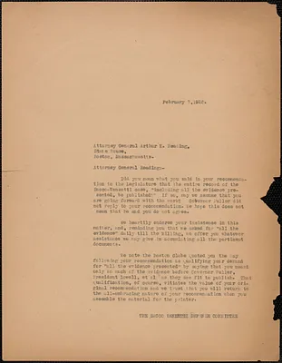 Sacco-Vanzetti Defense Committee typed letter (copy) to Arthur K. Reading, Boston, Mass., February 7, 1928
