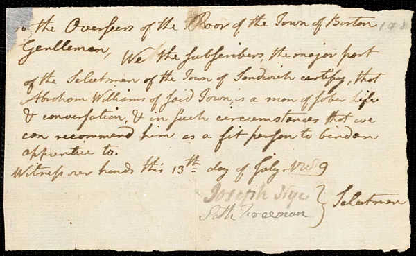 Mary Godard indentured to apprentice with Abraham Williams of Sandwich, 16 July 1789