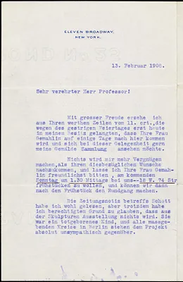 Reisinger, Hugo, 1856-1914 typed letter signed to Hugo Münsterberg, New York, 13 February 1908