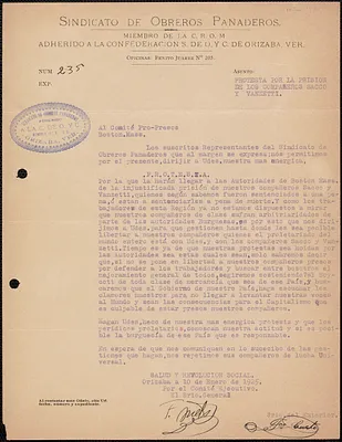 F. Mels (Sindicato De Obreros Panaderos) typed letter signed to Sacco-Vanzetti Defense Committee, Orizaba, Mexico., January 10, 1925