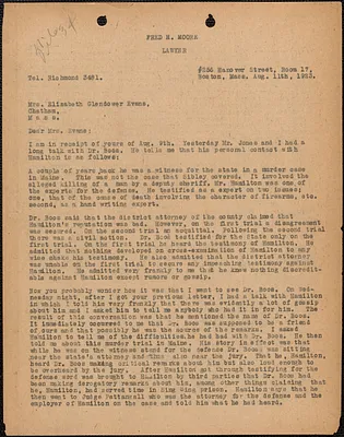 Fred H. Moore typed letter (copy) to Elizabeth Glendower Evans, Boston, Mass., August 11, 1923