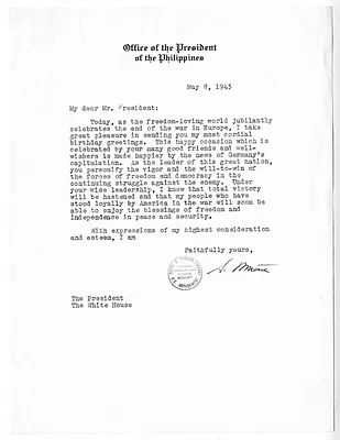 Letter from President of the Philippines Sergio Osmena to President Harry S. Truman