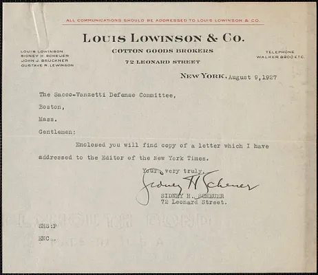 Sidney H. Scheuer typed note signed to Sacco-Vanzetti Defense Committee, New York, N.Y., August 9, 1927