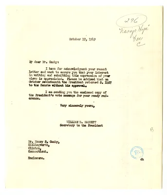 Letter from Henry Canby to President Harry S. Truman with a Reply from William D. Hassett