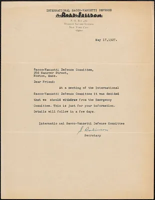 Sadie L. Robinson (International Sacco-Vanzetti Defense) typed note signed to Sacco-Vanzetti Defense Committee, New York, N.Y., May 17, 1927