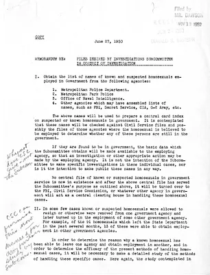 Memorandum Regarding Files Desired by Investigations Subcommittee in Conduct of Investigation