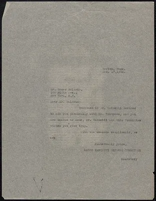 Sacco-Vanzetti Defense Committee typed note signed to Roger N. Baldwin, Boston, Mass., December 17, 1926
