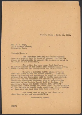 Sacco-Vanzetti Case Records, 1920-1928. Correspondence. Sacco-Vanzetti Defense Committee Correspondence to J.J. Hoge, September 14, 1921. Box 41, Folder 16, Harvard Law School Library, Historical & Special Collections