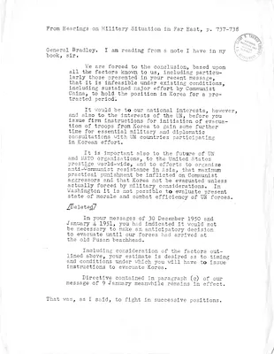 Memorandum, From Hearings on Military Situation in Far East