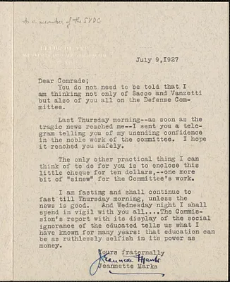 Jeannette Marks typed letter signed to [Sacco-Vanzetti Defense Committee], Westport, N. Y., July 9, 1927
