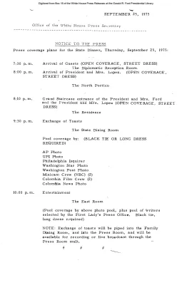 Press Coverage Plans for State Dinner in Honor of President and Mrs. Lopez of Colombia [Pool Assignments]