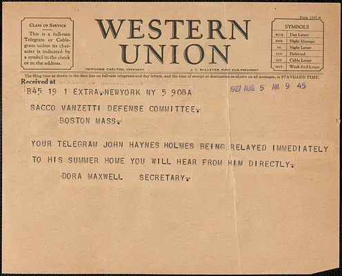 Dora Maxwell telegram to Sacco-Vanzetti Defense Committee, New York, N.Y., August 5, 1927