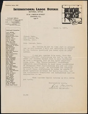 Rose Karsner (International Labor Defense) typed letter signed to Joseph Moro, Chicago, Ill., March 3, 1927