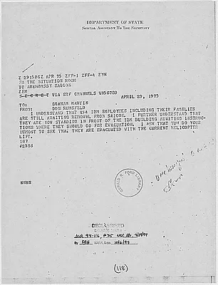 Cable from Donald Rumsfeld, Assistant to the President for White House Operations, to Graham Martin, Ambassador to South Vietnam, Concerning the Evacuation of Saigon