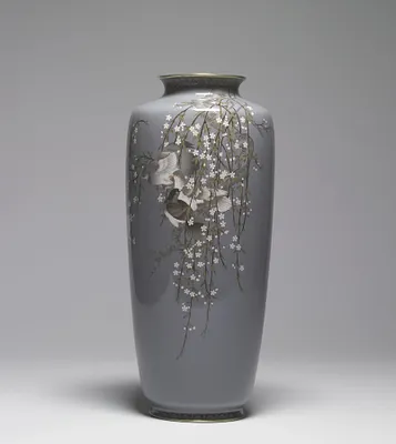 Vase with Four Pigeons in Weeping Cherry Tree on Deep Grey Ground