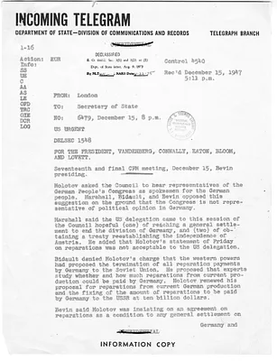 Telegram from Lewis Douglas to Secretary of State George Marshall